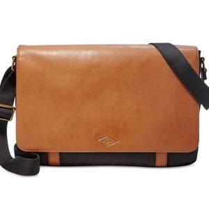 FOSSIL Unisex Aiden Messenger Bag Black Canvas Tan Leather Crossbody. 17x14x4